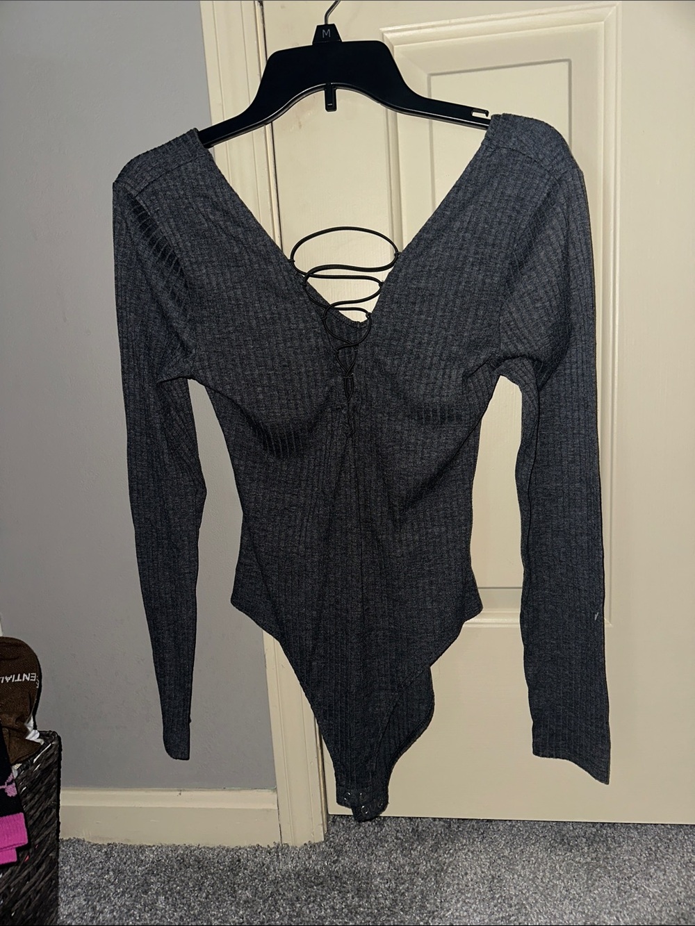 Forever 21 Charcoal Ribbed Lace-Up V-Neck Long Sleeve Bodysuit